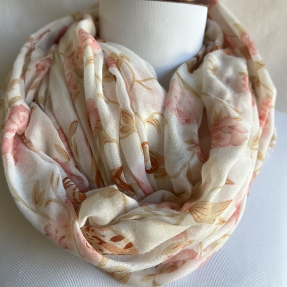 Cream/tan/brown/pink scarf with rose/bird/butterfly print - Picture 3 of 4